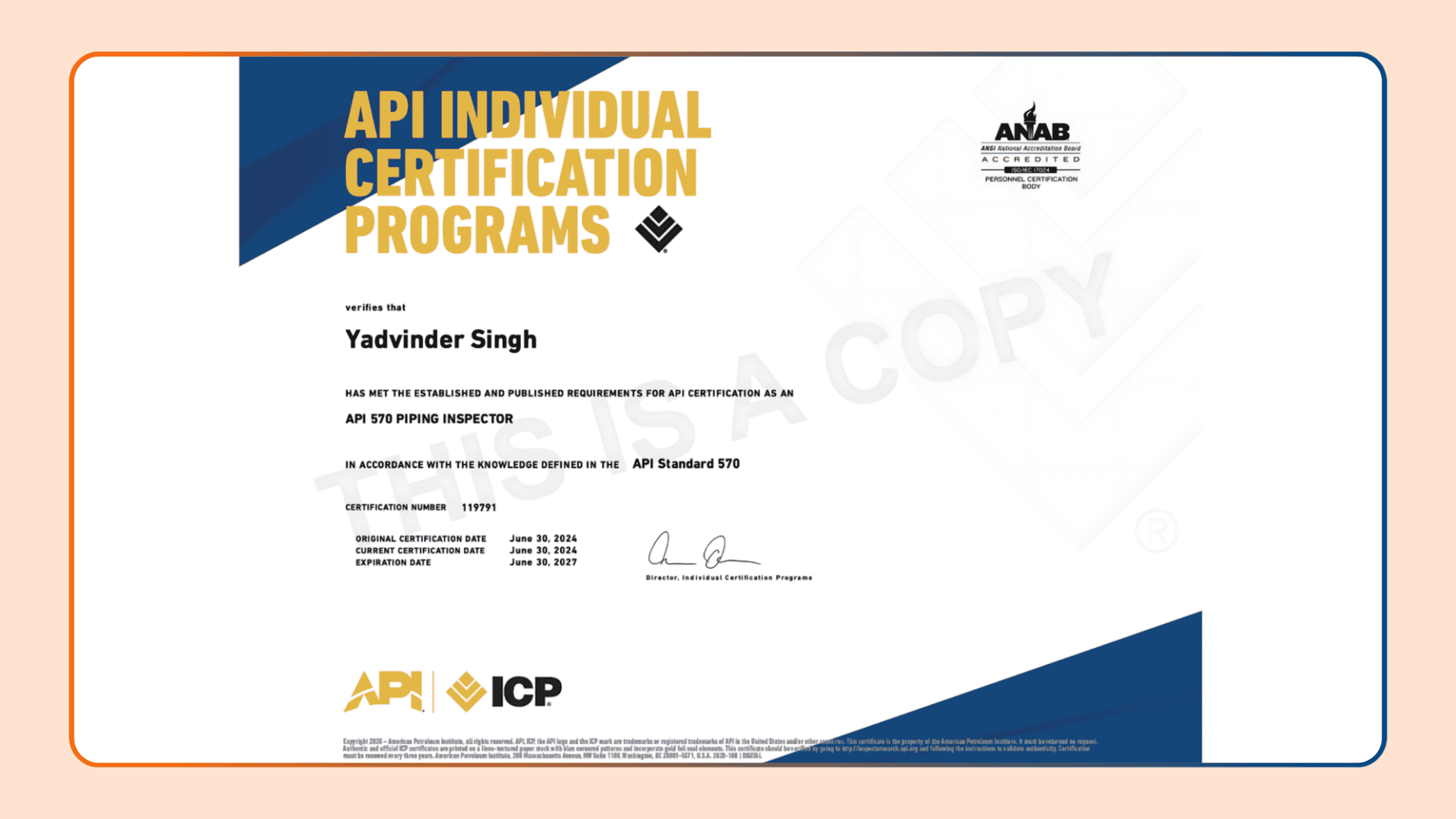Yadvinder Singh Achieves Certification as API-570 Pressure Piping Inspector