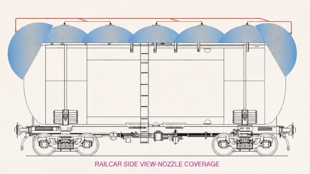 Fire water deluge system – railcar side view showing nozzle spray coverage