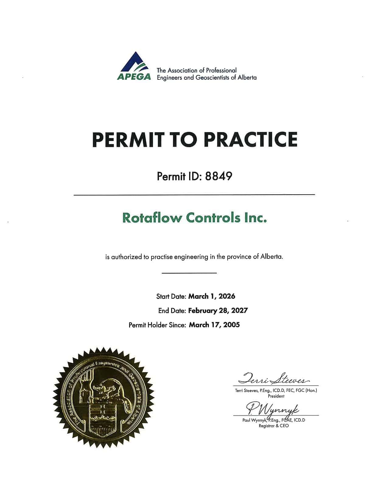 APEGA Permit to Practice (Alberta) – Rotaflow Controls Inc.