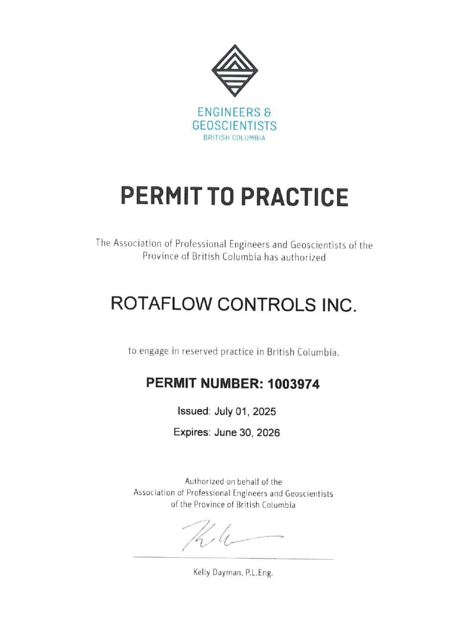 Engineers & Geoscientists BC Permit to Practice – Rotaflow Controls Inc.