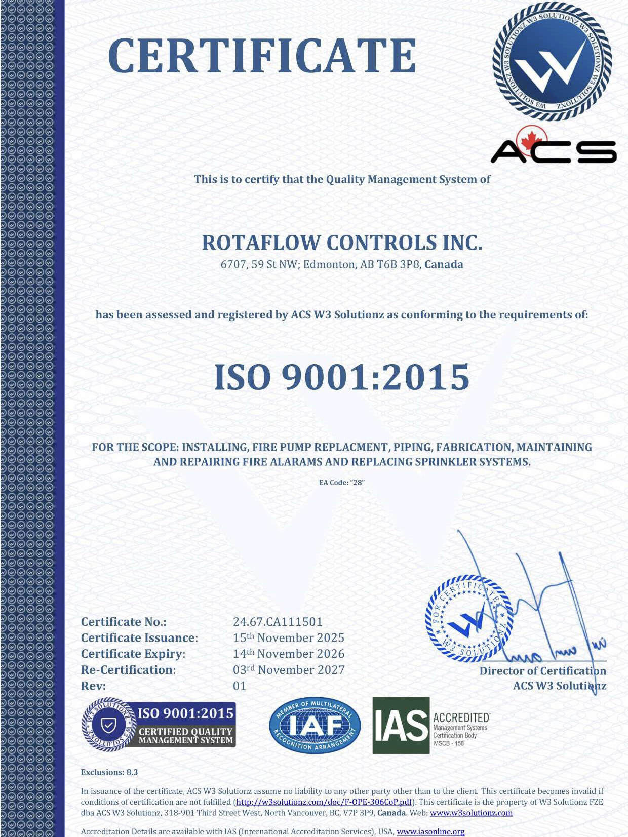 Rotaflow Controls Inc. ISO 9001:2015 certificate