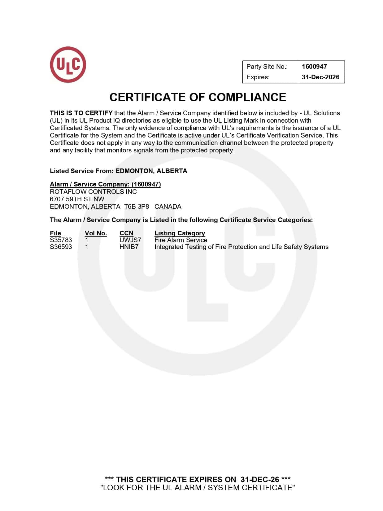 UL Solutions Certificate of Compliance – Rotaflow Controls Inc.