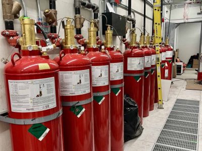 Novec 1230 clean agent fire suppression cylinders in a mechanical room