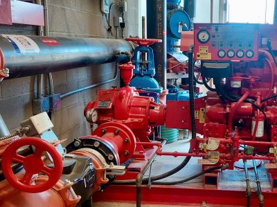 Rotaflow fire pump system with Clarke diesel controller in a mechanical room