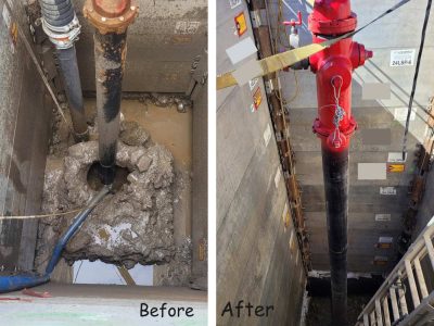 Before and after of a Rotaflow fire hydrant replacement